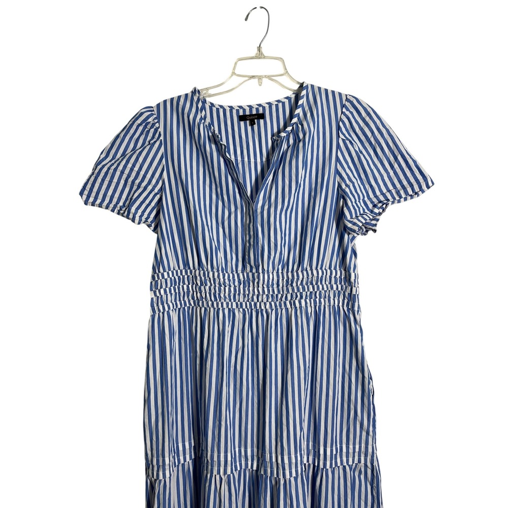 QUINCE 100% Organic Cotton Poplin Tiered Maxi Dress in Azure Stripe - Picture 4 of 10